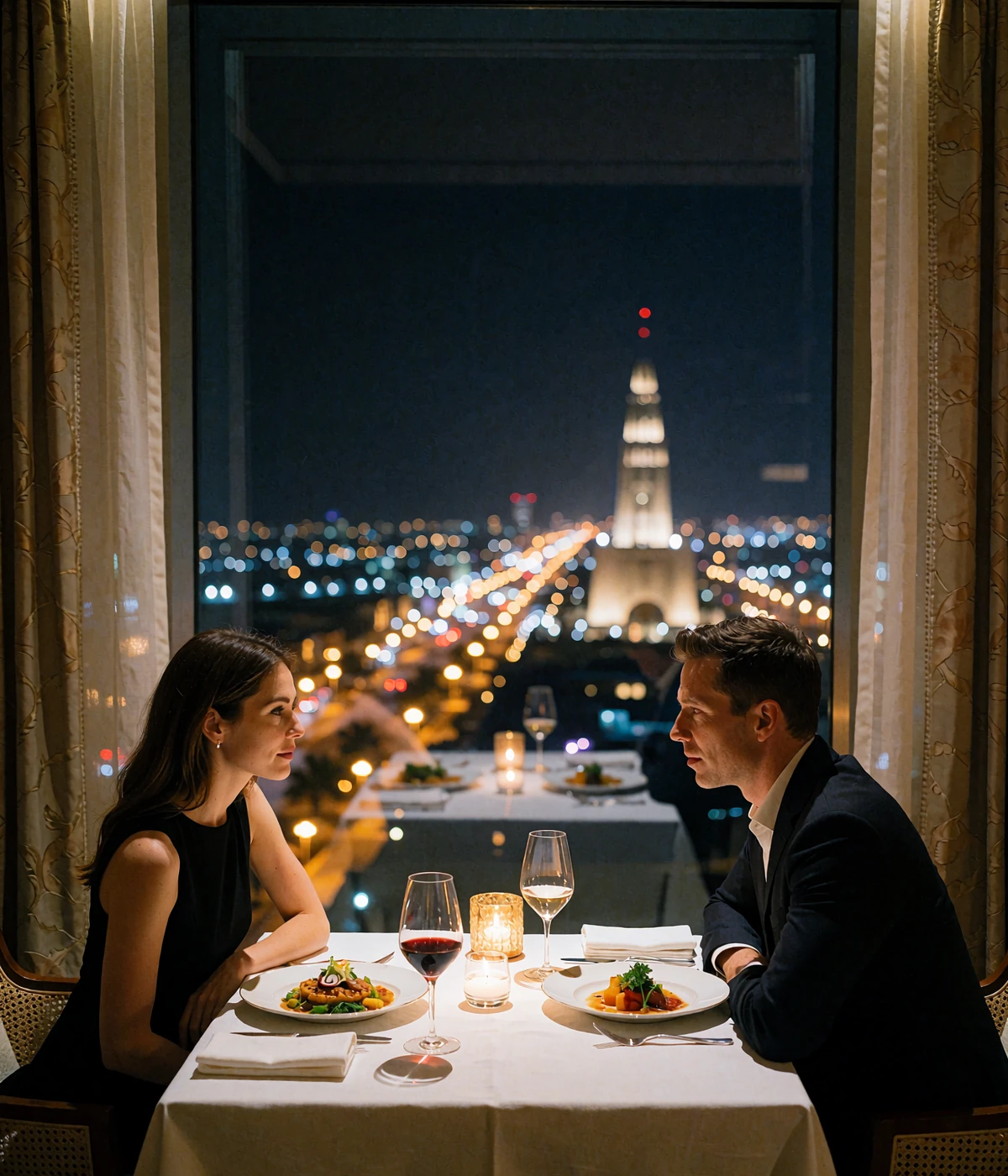 Couple in evening dress seated at a white-linen window table in a high-floor Las Vegas restaurant at night
