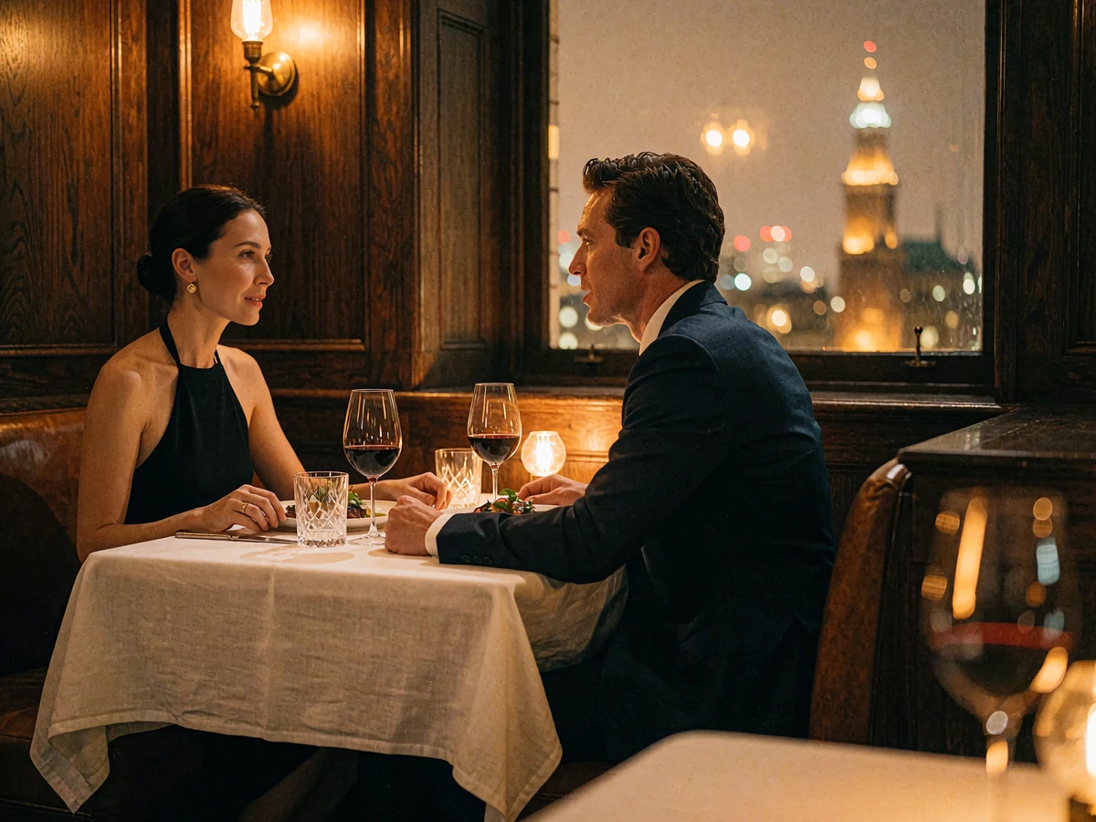 Couple in evening dress seated across a white-linen table in a wood-panelled Houston steakhouse booth