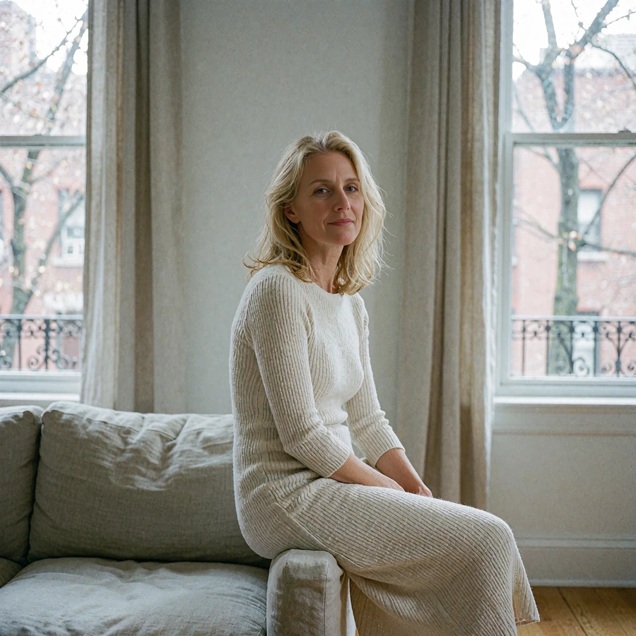 Blonde woman in an ivory knit dress seated on a linen sofa inside a West Village townhouse living room