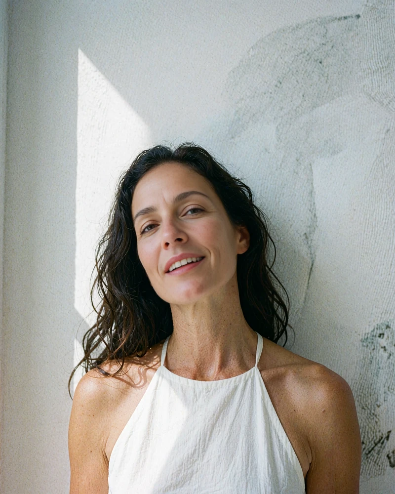 Radiant woman in her early forties with long dark waves smiling against a sunlit wall