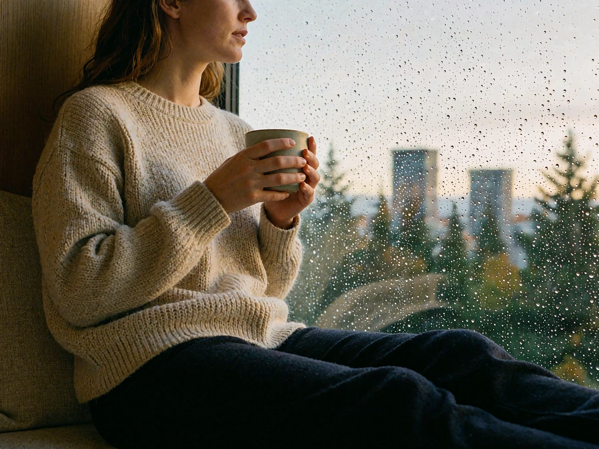 Woman in an oatmeal sweater sitting in a window seat overlooking rain-speckled glass and blurred Seattle towers