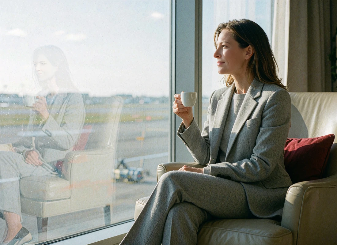 Woman in a light grey trouser suit seated with an espresso in a first-class airport lounge