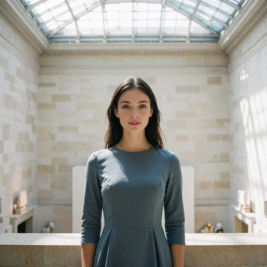 Woman with long dark hair in a slate blue dress standing in a bright museum atrium in Houston