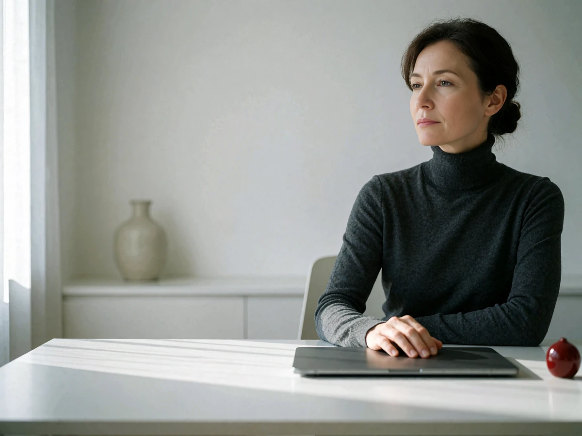 Woman in a charcoal turtleneck seated calmly at a minimalist desk beside a closed laptop in soft window light