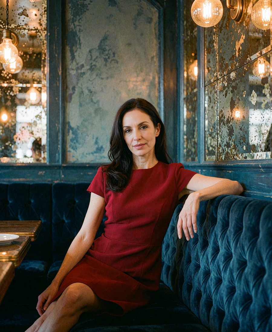 Woman in a deep red cocktail dress seated on a velvet banquette in an upscale Galleria-area hotel lounge