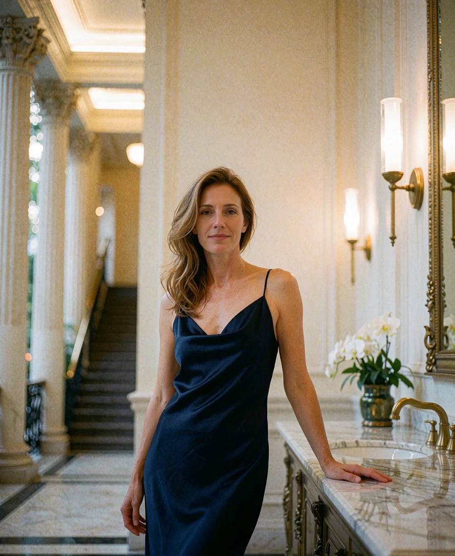 Elegant woman in a navy satin dress standing in the marble atrium of a boutique Columbus hotel