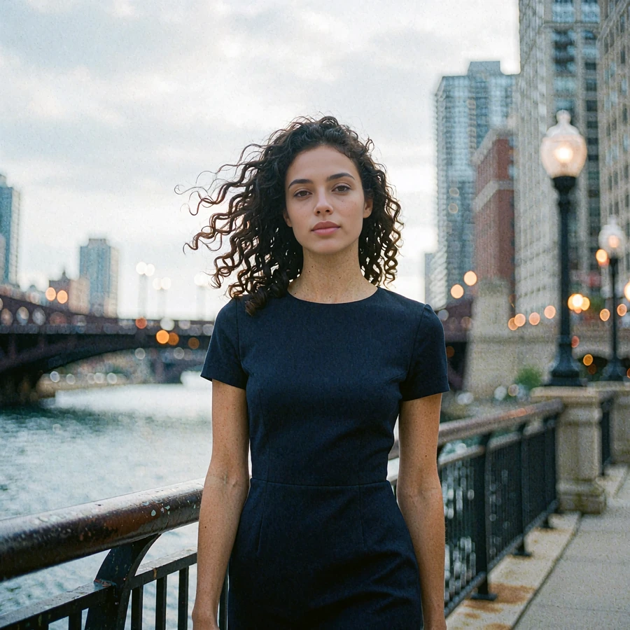 Young woman in a navy dress standing on a Chicago riverside walkway railing