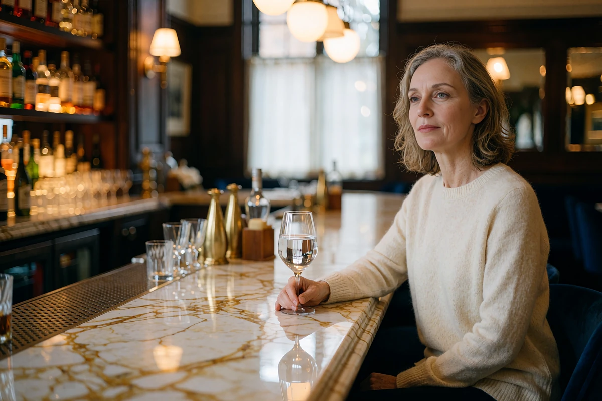 Poised woman in a cream cashmere sweater seated calmly at a marble bar counter in an upscale restaurant