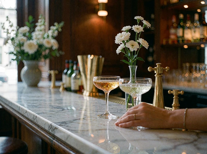 Marble hotel bar counter with coupe glasses and a slim vase of white flowers in Chicago