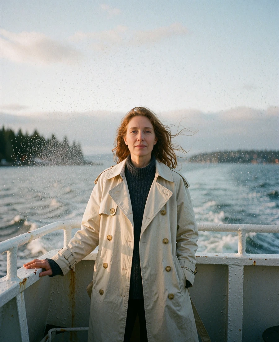 Woman with auburn hair on the open deck of a Puget Sound passenger ferry with the shoreline behind her