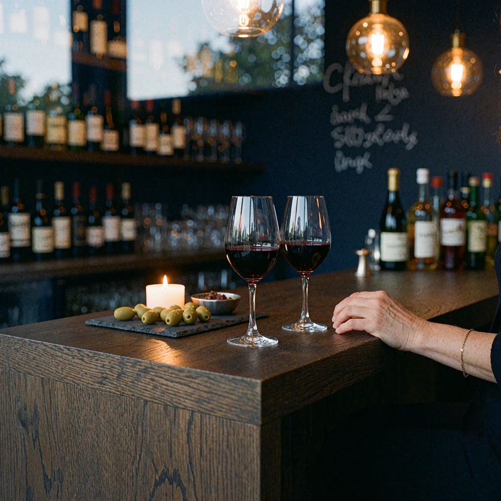 Two glasses of red wine and a small dish of olives on a dark oak wine bar counter in the evening