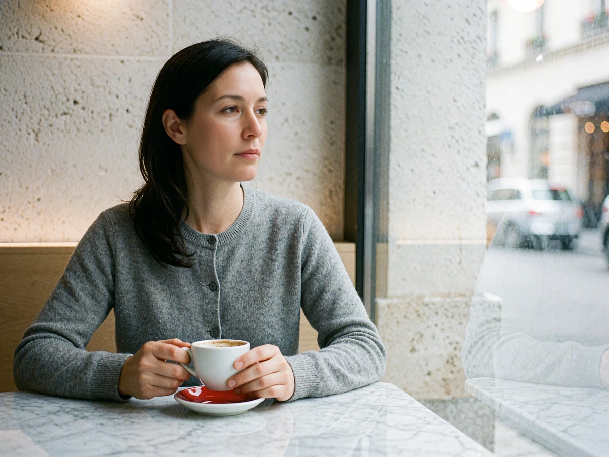 Woman in a soft gray cardigan seated at a marble cafe table holding a small white cup, looking thoughtfully out of frame