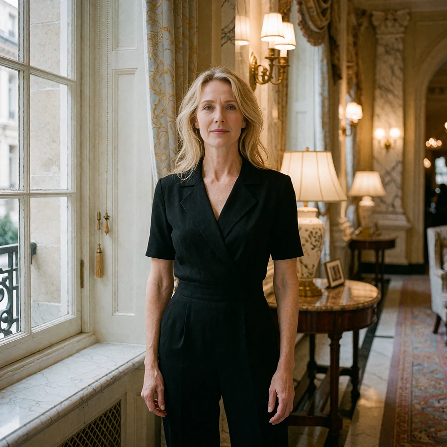Blonde woman in a black jumpsuit standing in a historic San Antonio hotel lobby beside a tall window