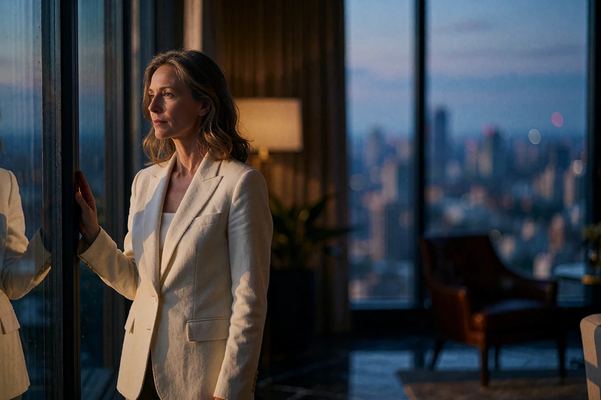 Poised woman in an ivory blazer looking out over a dusk city skyline from a high-rise executive lounge