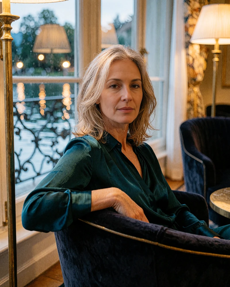 Woman with ash-blonde hair in a teal silk blouse seated in a hotel lounge overlooking a lake at evening