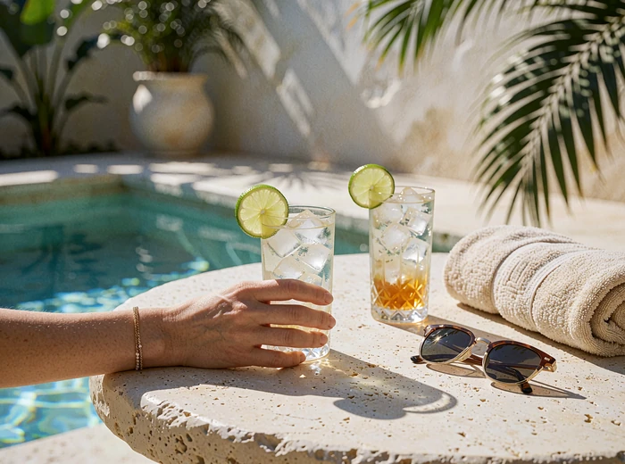 Two iced drinks with lime garnish arranged on a stone poolside table in Phoenix