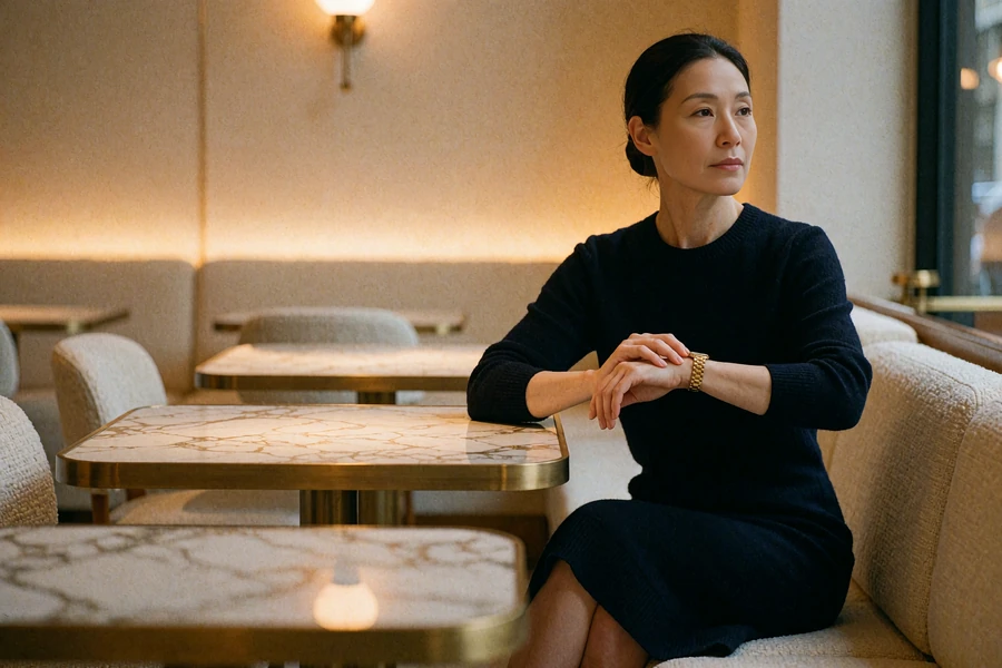 Elegant woman in a black knit dress checking a gold wristwatch at a marble table in a business lounge