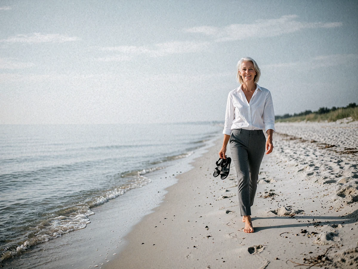 Fit woman in her late forties walking barefoot along a quiet beach holding her sandals and smiling