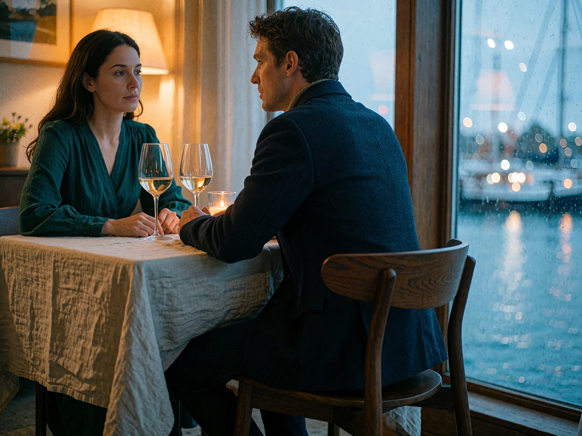 Couple seated at a linen-covered table in a quiet Seattle waterfront restaurant at dusk