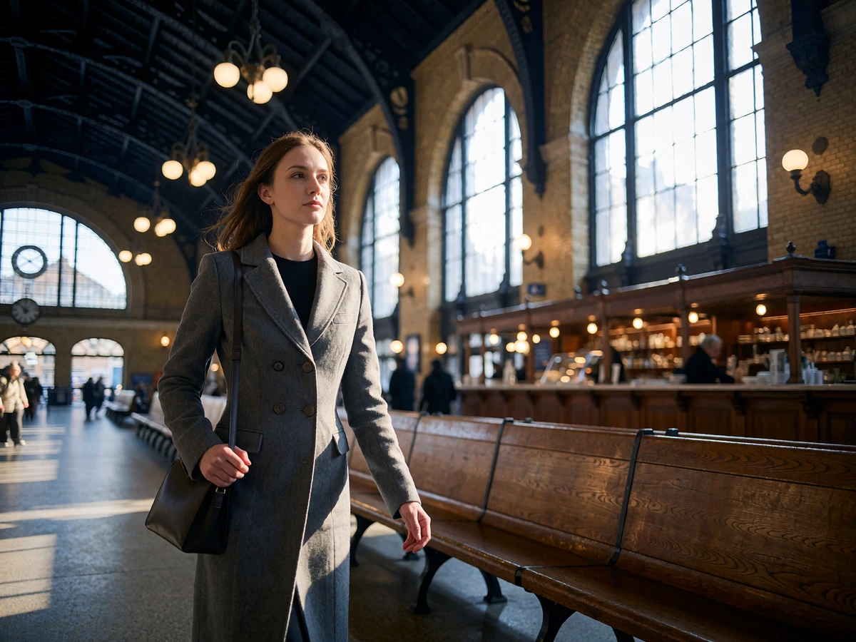 Young woman in a grey wool coat walking through the sunlit hall of a restored historic Denver railway building