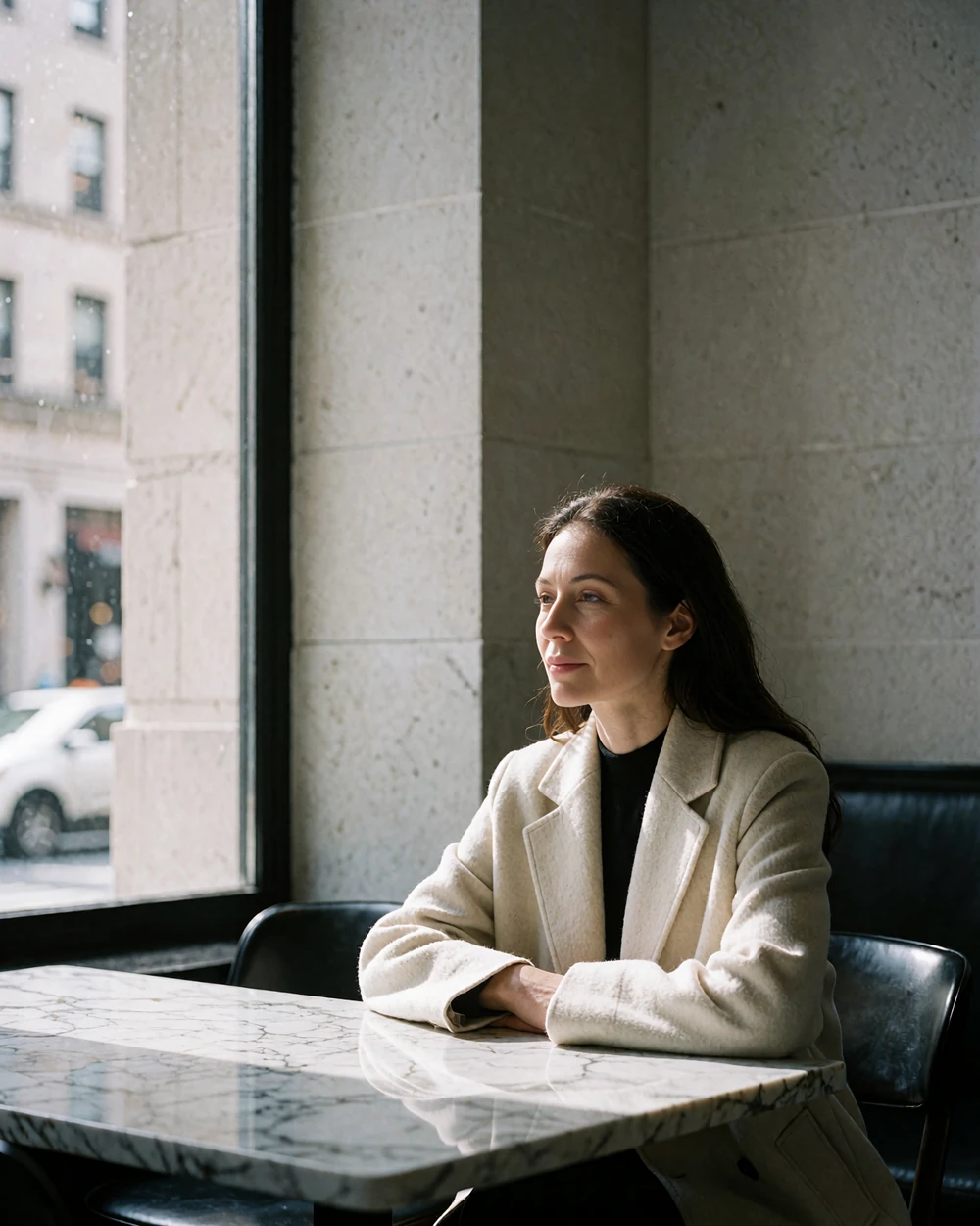 Poised woman in a cream cashmere coat seated alone at a marble café table beside a tall Upper East Side window