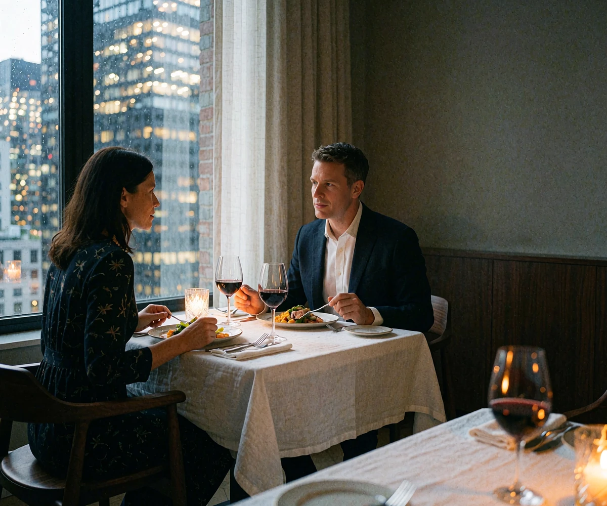 Couple at a linen-set table in a Chicago steakhouse with the illuminated downtown skyline visible through tall windows at night