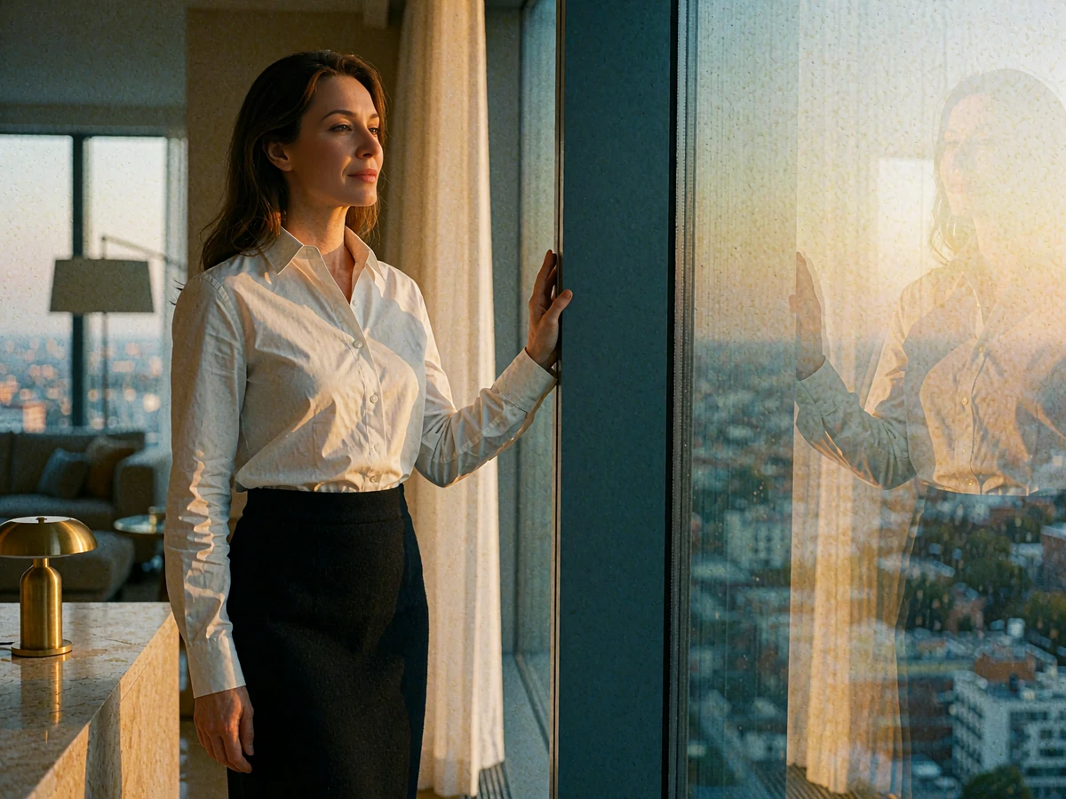 Poised woman in a white blouse standing beside a floor-to-ceiling window in a modern Houston hotel suite