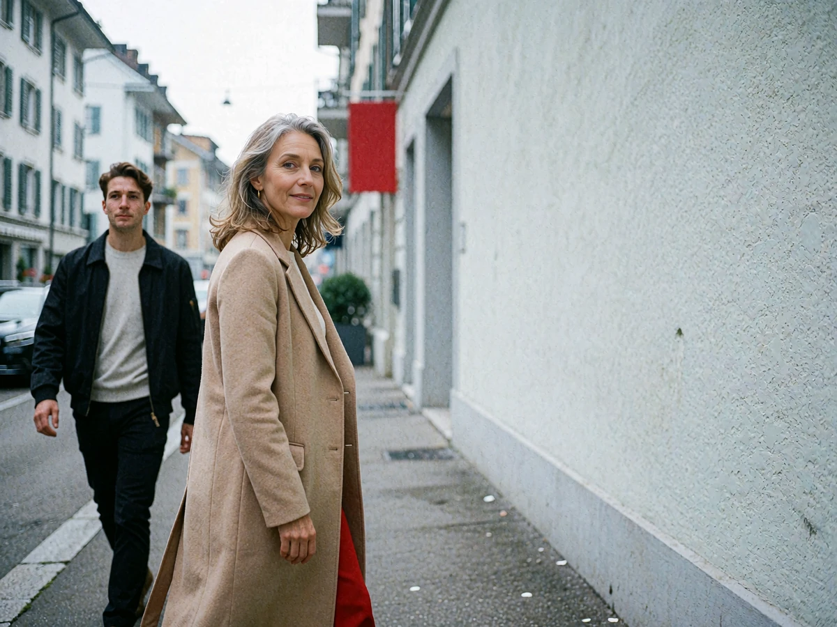 Stylish woman in a camel coat walking a quiet gallery district street with a younger man a pace behind