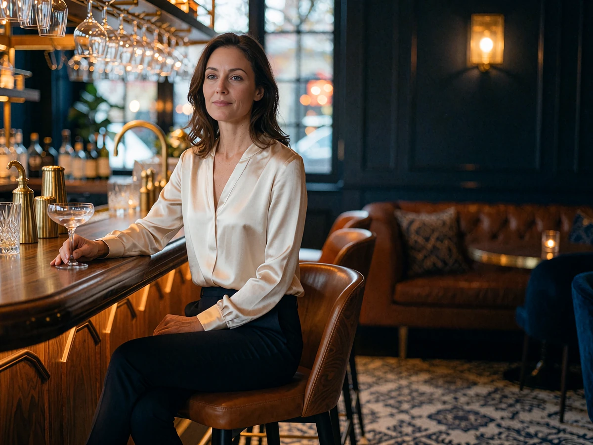 Poised woman in a cream silk blouse seated at a walnut bar inside an upscale Nashville hotel lounge