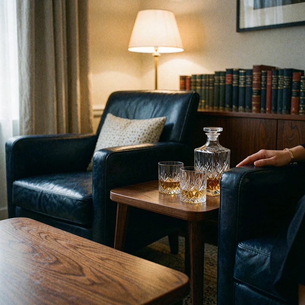 Two leather armchairs beside a walnut table with a crystal decanter in a private Atlanta club lounge