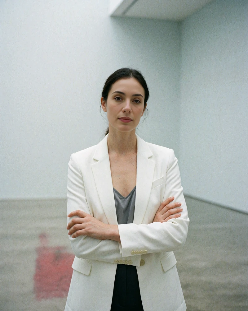 Woman in a white tailored blazer standing in a bright contemporary gallery with blank pale walls
