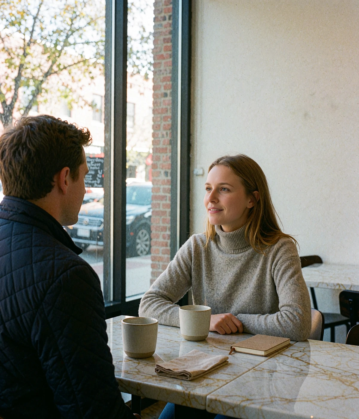 Woman and man seated at a marble-topped table in a bright modern Denver café during a daytime first meeting