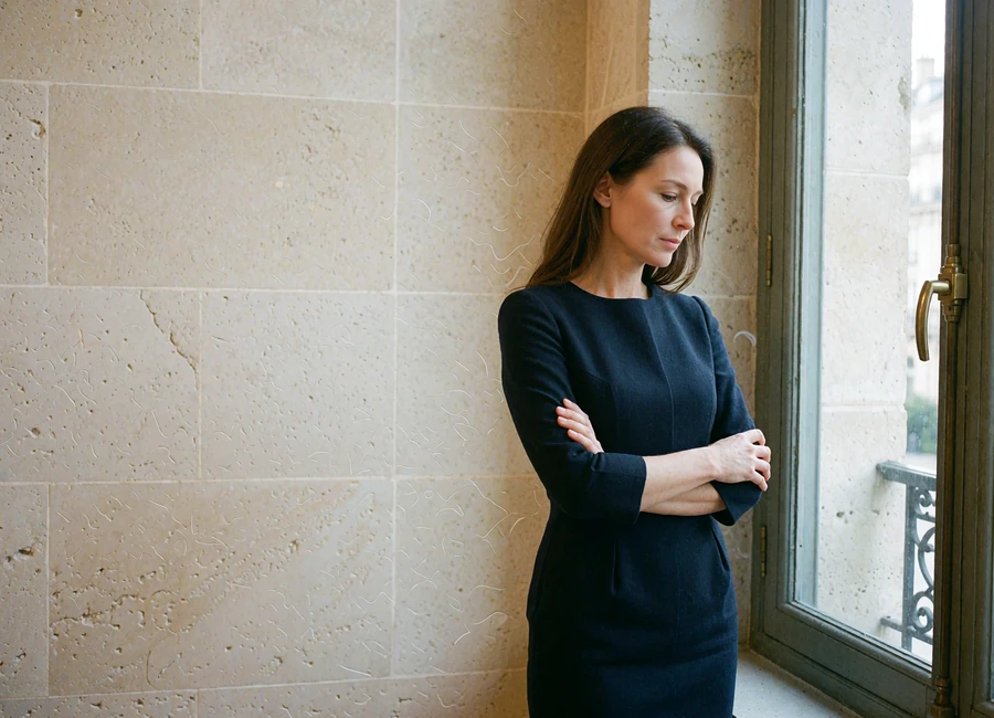 Poised woman in a navy dress standing beside a window in a private office, considering financial planning