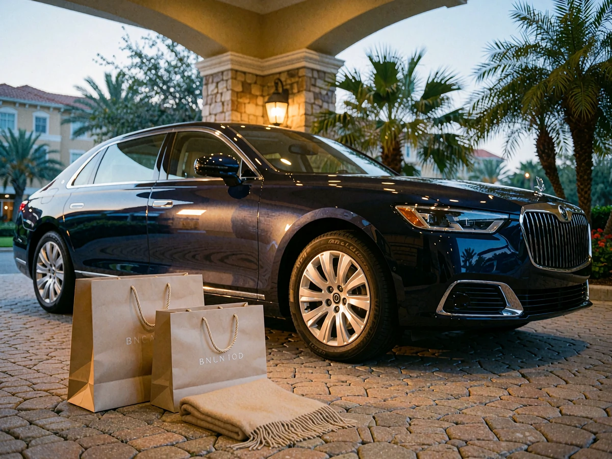 Dark sedan waiting under a stone portico at an upscale Orlando hotel entrance with shopping bags nearby