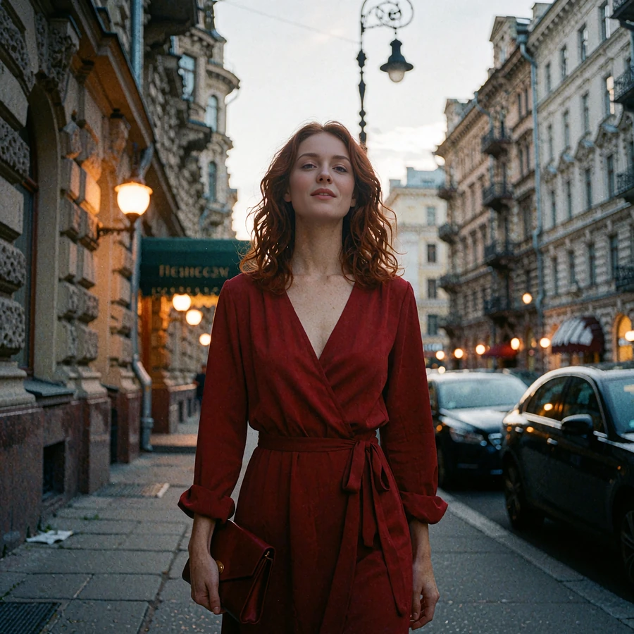 Auburn-haired woman in a deep red wrap dress on an evening sidewalk in the Chicago theatre district