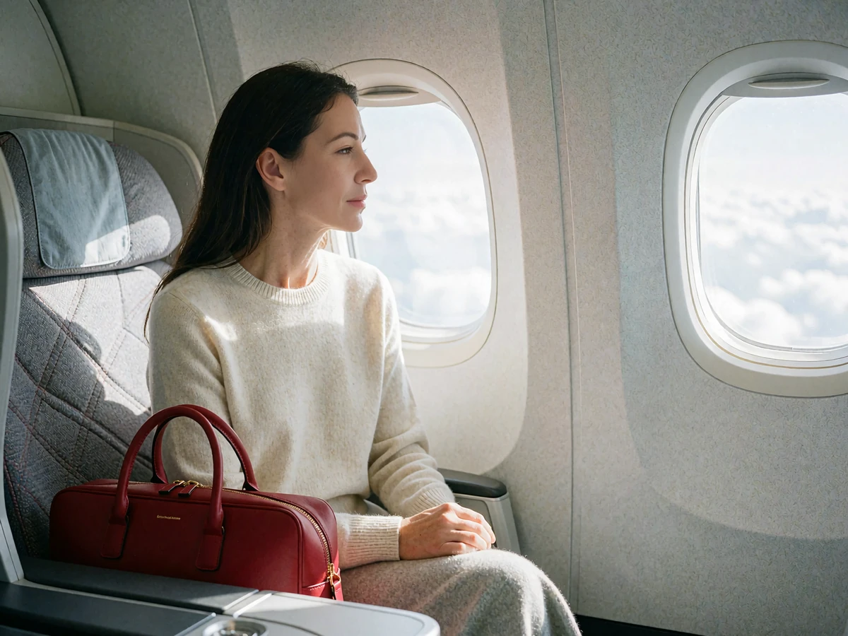 Poised woman in a cream cashmere sweater seated by the window of a business-class cabin with a crimson carry-on