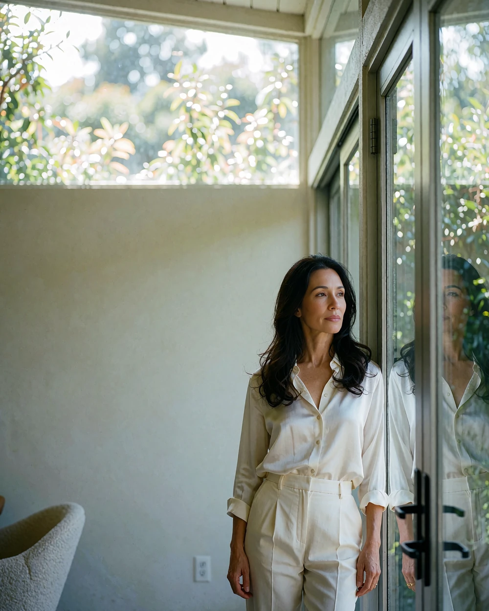 Woman in a white silk shirt standing beside glass doors in a mid-century Los Angeles home