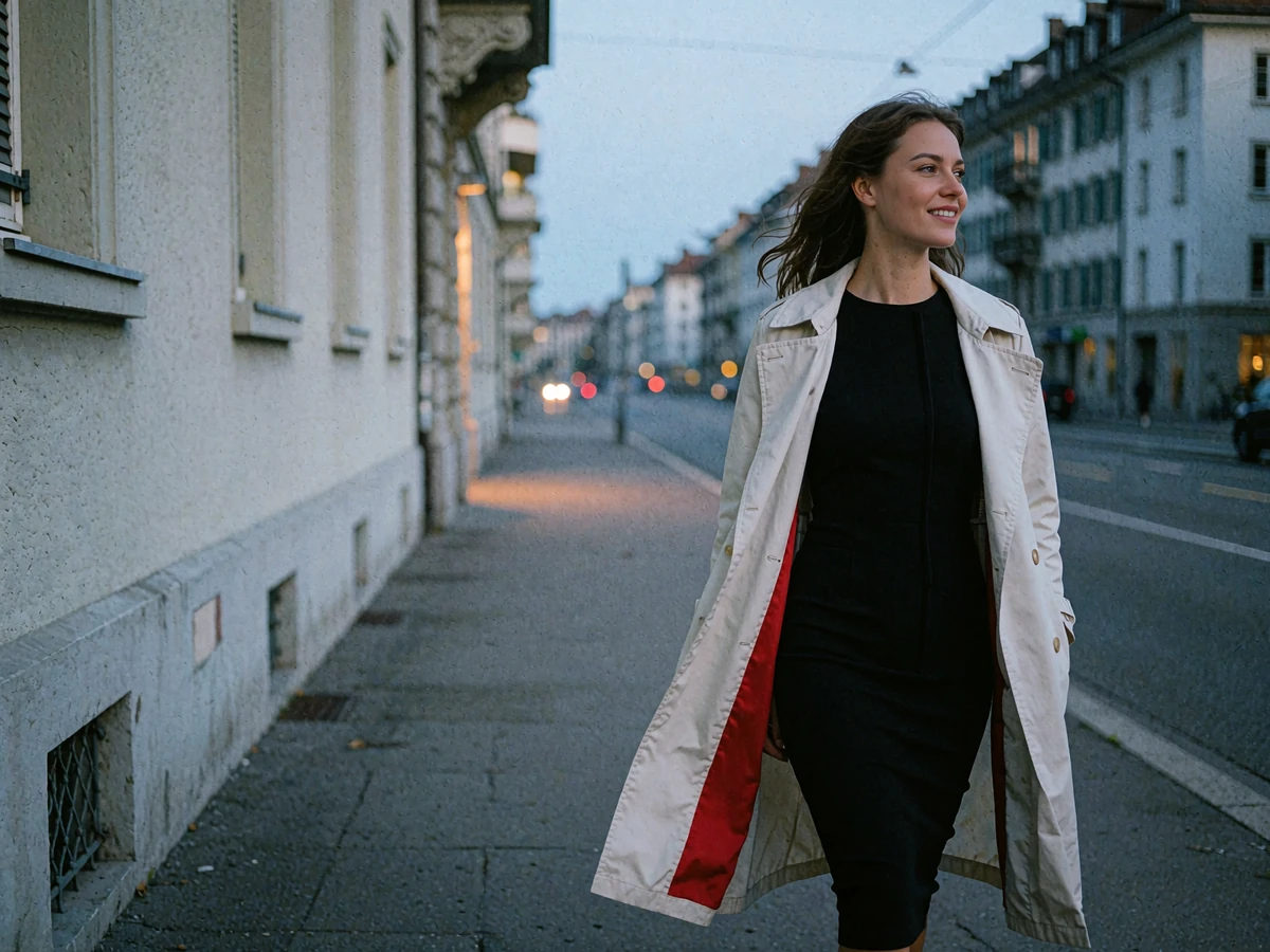 Young woman in a black dress and light trench coat walking along a city sidewalk at dusk, glancing back with a smile