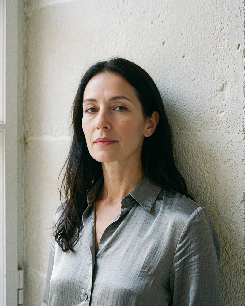 Portrait of a composed woman in her early forties with long dark hair against a pale stone wall