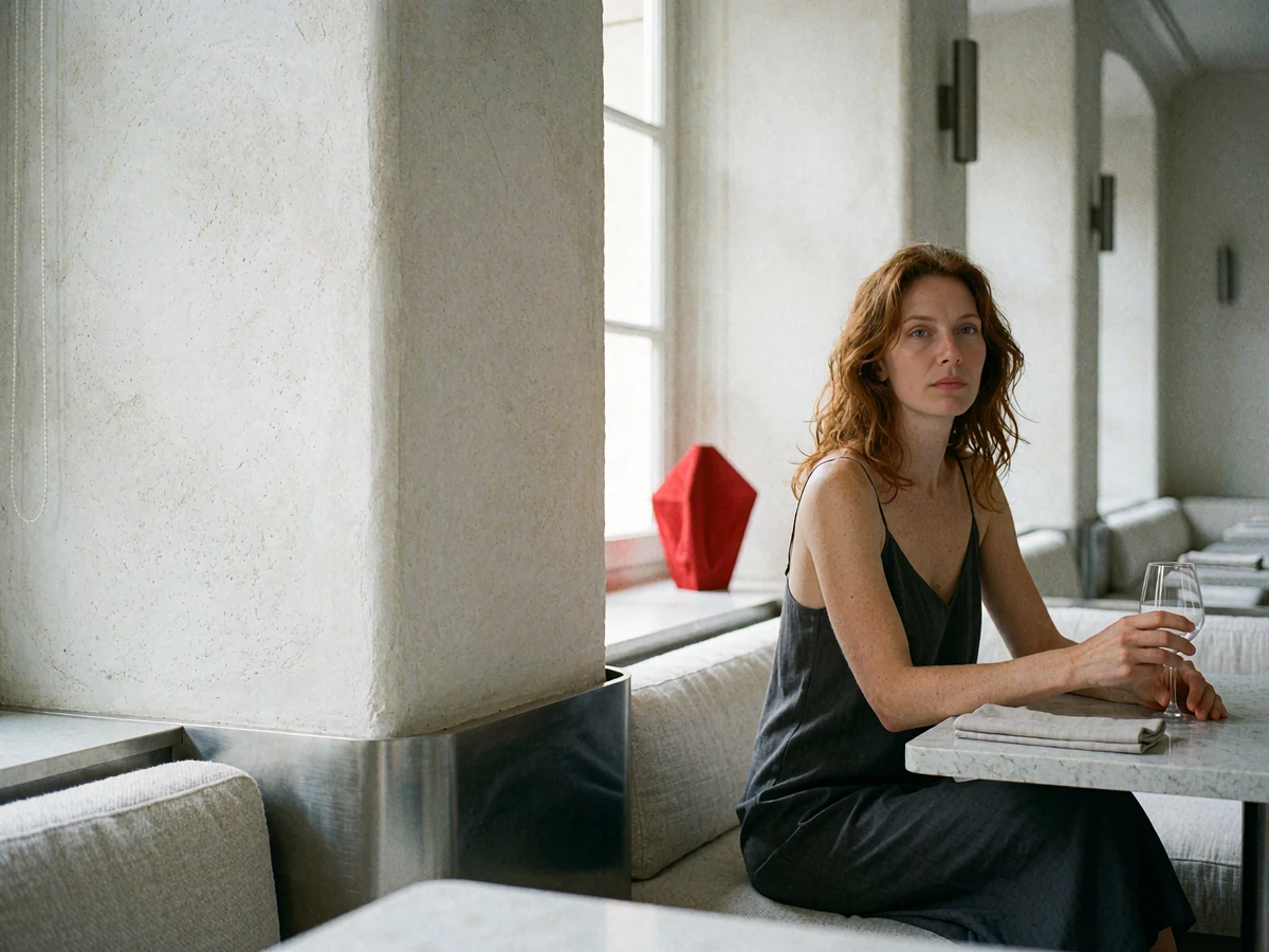 Woman in a charcoal slip dress seated in conversation at a corner table of a quiet upscale restaurant