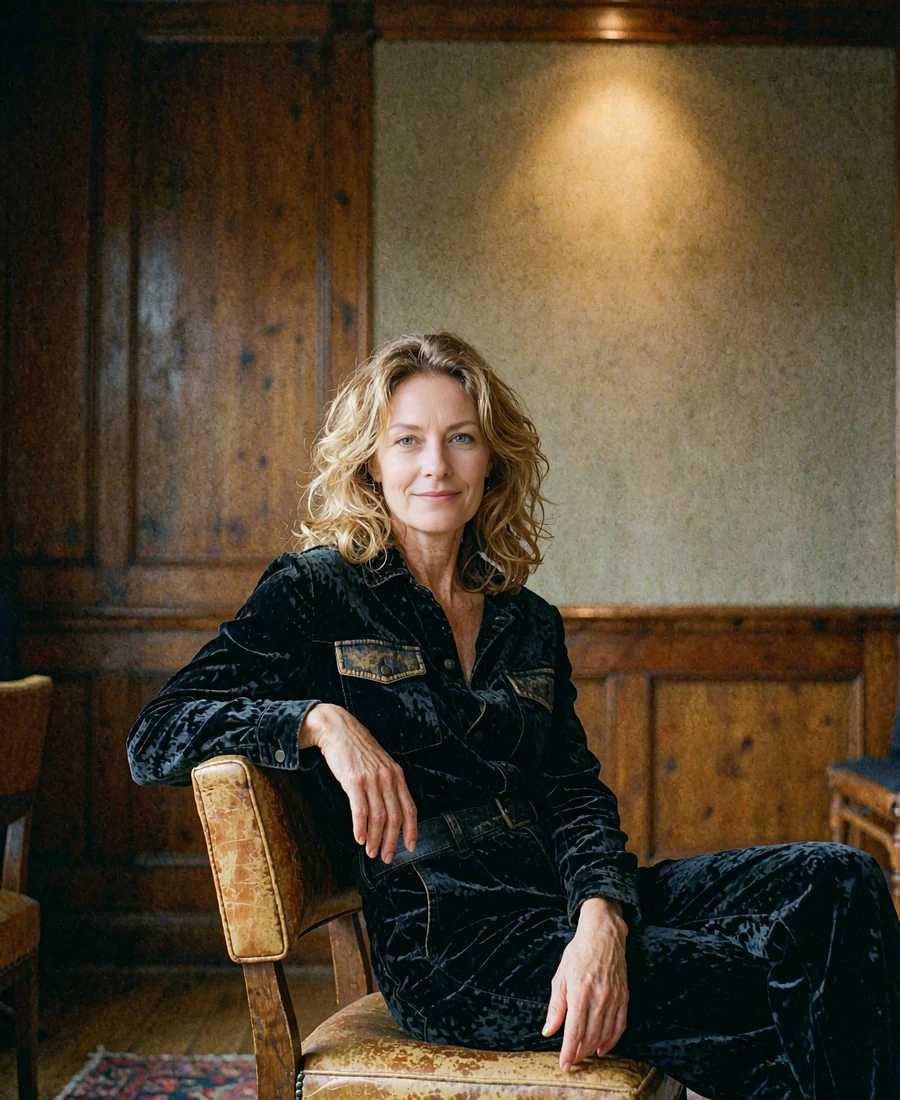 Woman in a black velvet jumpsuit seated in an intimate wood-panelled Nashville listening room