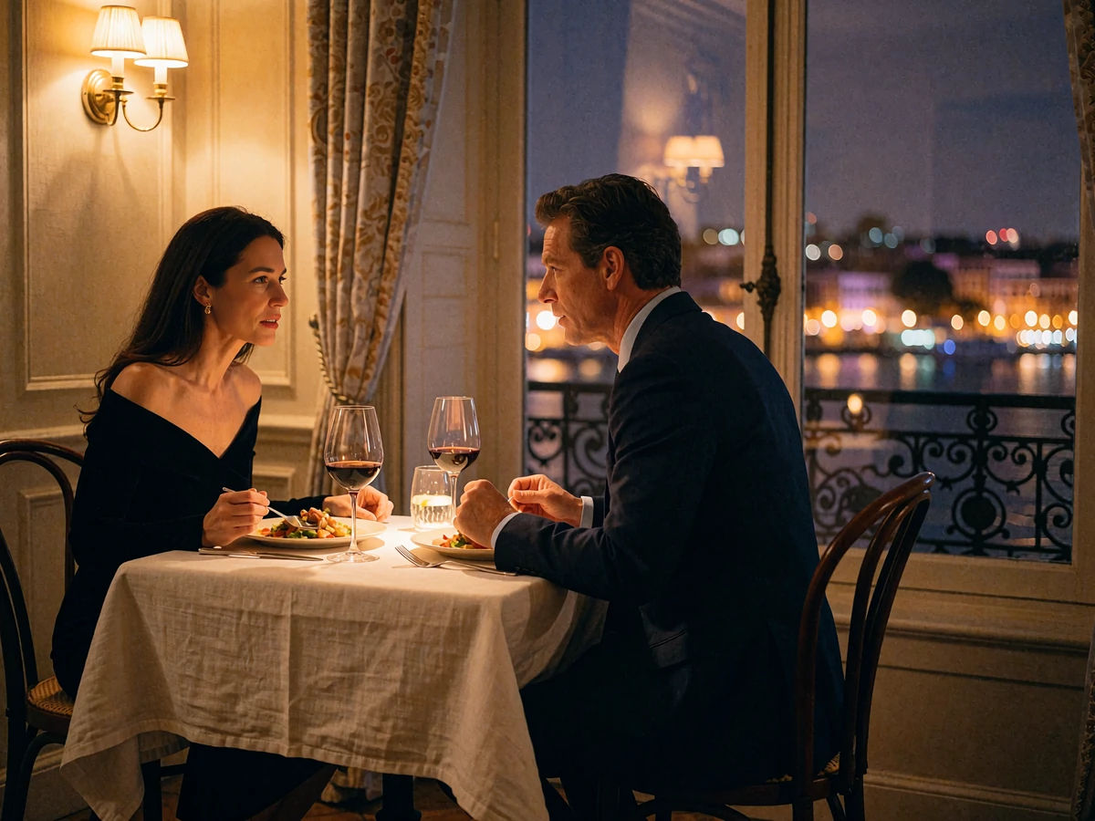 Couple in evening attire seated across a linen-covered table inside a quiet private dining room overlooking the Nashville skyline