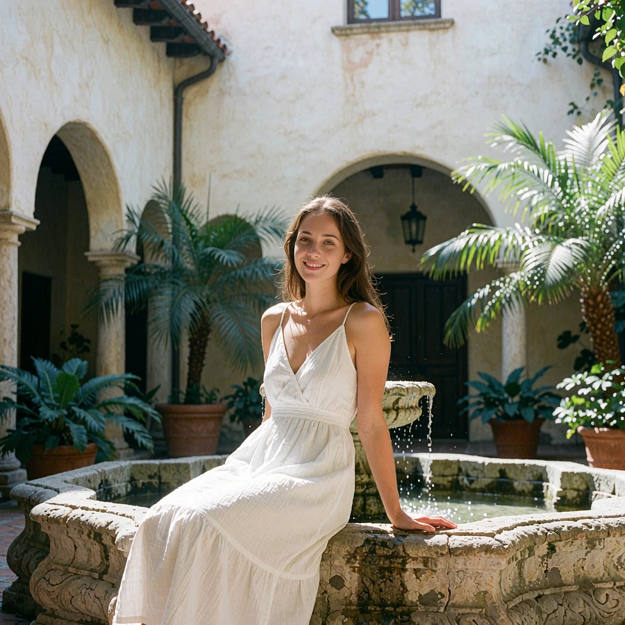 Woman in a white cotton sundress seated at a stone fountain in a shaded Spanish-style courtyard in San Antonio