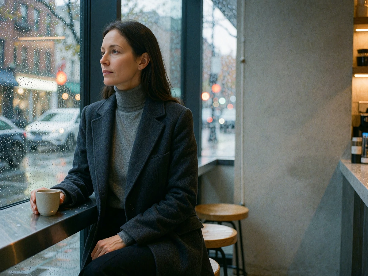 Composed woman in a grey turtleneck sitting at a window counter of an upscale Seattle coffee house on a rainy afternoon