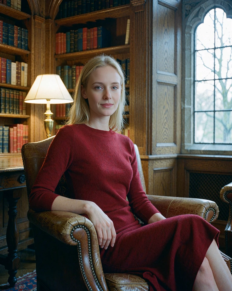 Fair-haired woman in a deep red knit dress seated in a leather armchair inside a wood-panelled reading lounge
