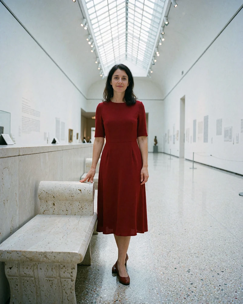 Dark-haired woman in a deep red midi dress standing in a bright minimalist museum hall in Indianapolis