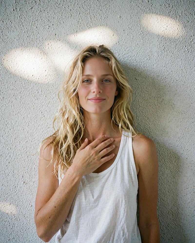Portrait of a sun-kissed blonde woman with loose beach waves standing against a plain sunlit stucco wall