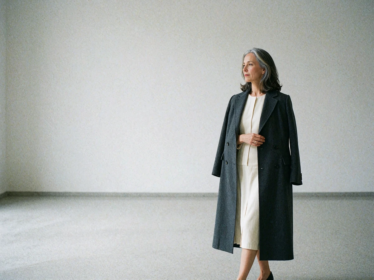 Elegant woman in a charcoal coat standing in quiet contemplation in a spacious minimal gallery hall