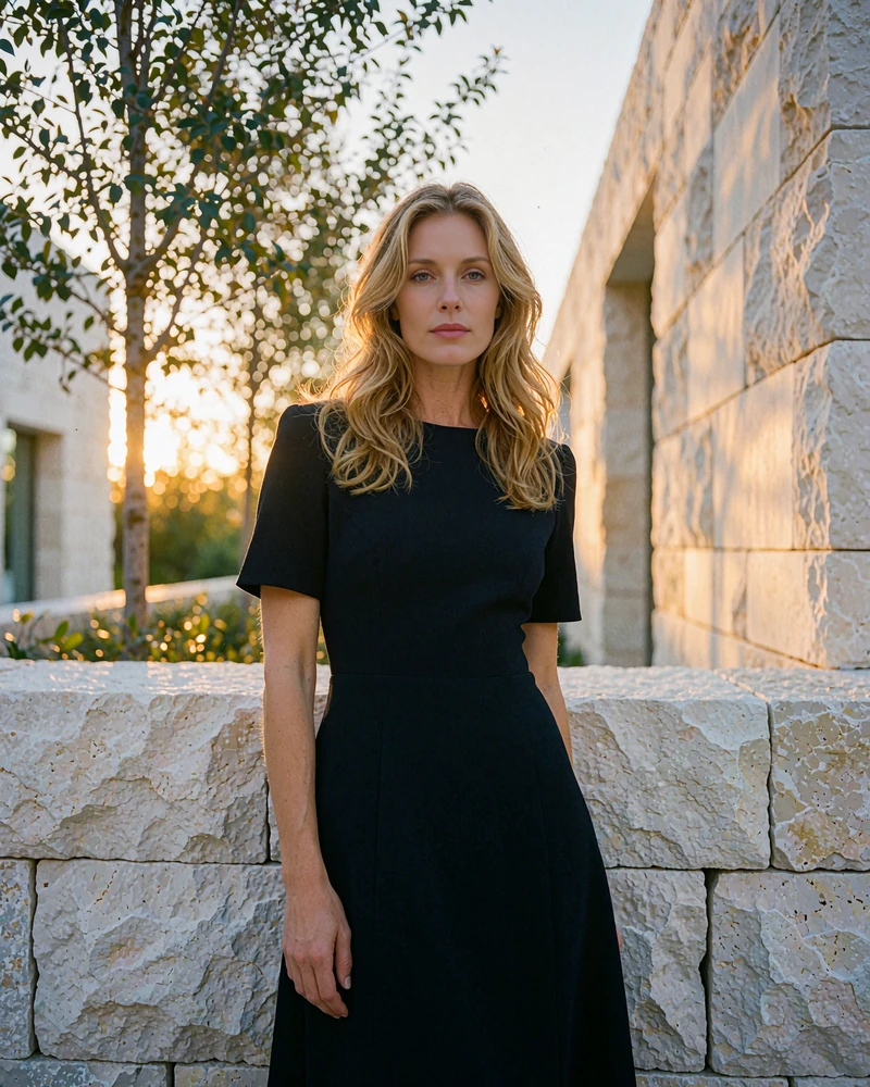 Woman with long honey-blonde waves in a black midi dress standing in a modern Dallas arts district plaza