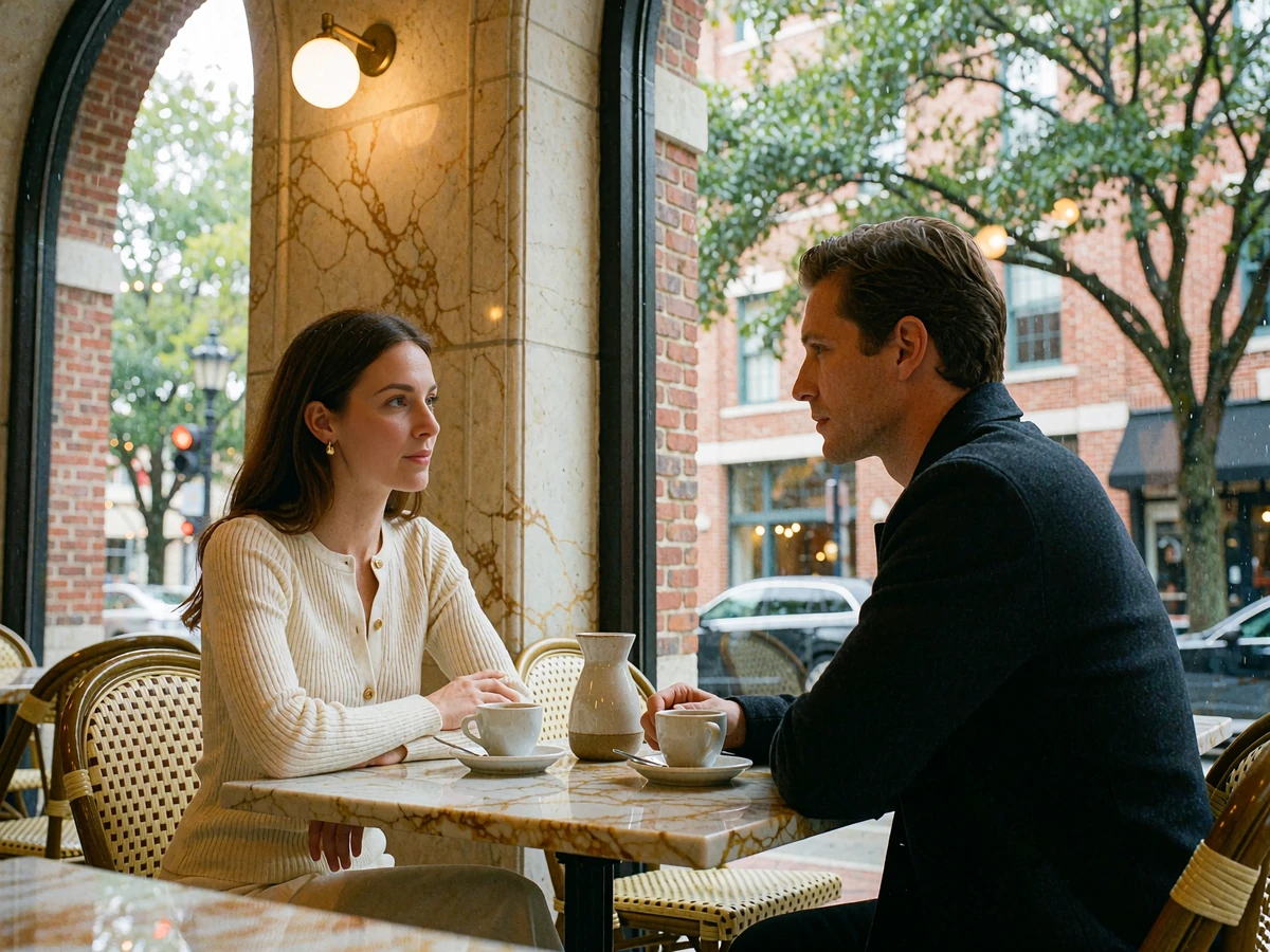 Woman and man in daytime conversation at a small marble café table near tall arched windows in Atlanta